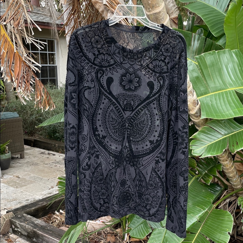 Sheer mesh and flocked velvet top